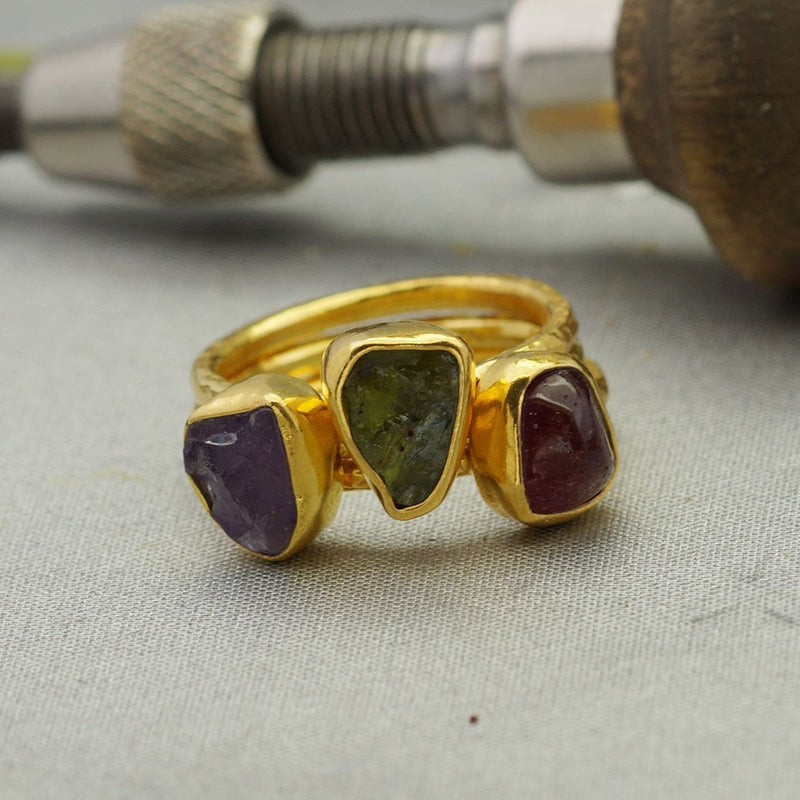 Omer 3 Unique Rough Peridot/Ruby / Amethyst Stack Ring Set 925 k Sterling Silver