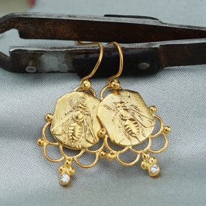 925 Sterling Silver Bee Coin W/Topaz Earrings Turkish Fine Jewelry By Omer Women