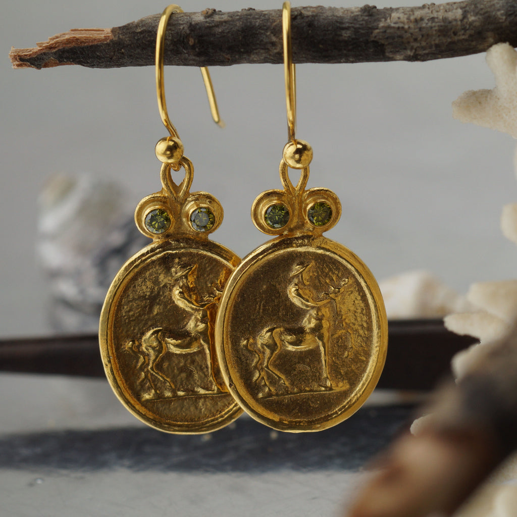 925 k Silver Handmade Turkish Roman Centaur Coin Green Peridot Ancient Earrings