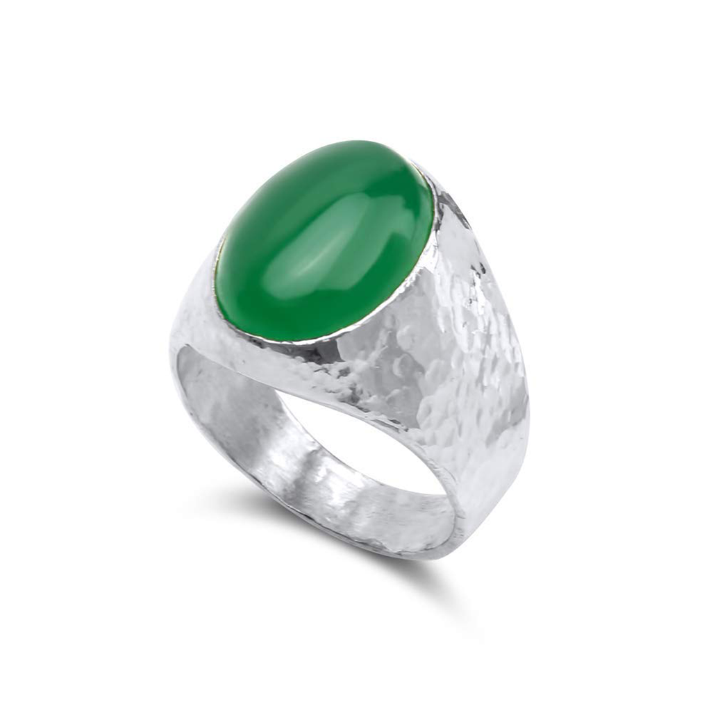 Omer 925 Sterling Silver Green Jade Large Men's Ring Hammered Ancient Turkish