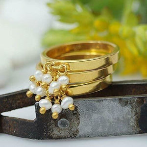 FREE SIZE 3 Pearl Charm Ring Set 925 k Silver Handmade Turkish Artisan Jewelry