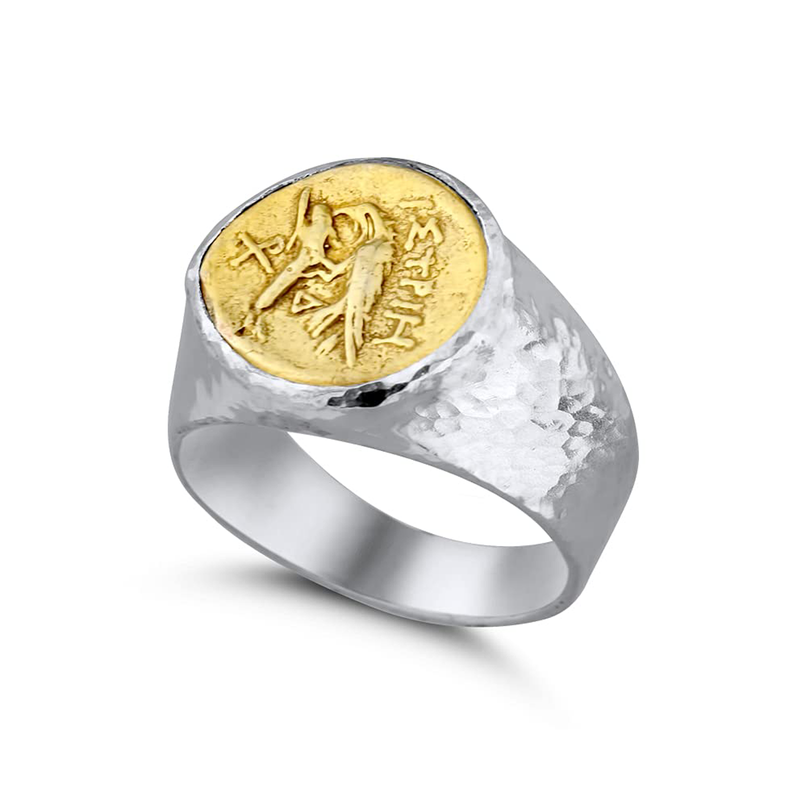Omer  Eagle Coin Unisex Men Turkish Designer Ring Hammered 925 Sterling Silver
