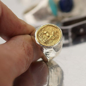 FREE SIZE 925 k Sterling Silver Large Centaur Coin Men's Ring Hammered Handmade