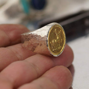 FREE SIZE 925 k Sterling Silver Large Centaur Coin Men's Ring Hammered Handmade