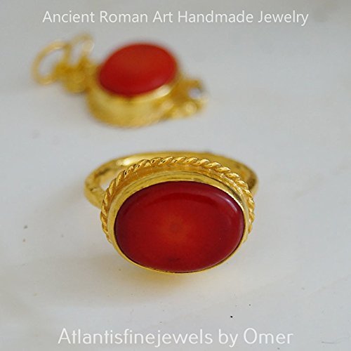 Red Coral Sterling Silver Ring Hand Forged By Omer 24 k Gold Plated Handmade