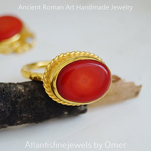 Turkish Coral Ring Handmade Designer Jewelry By Omer 925 Sterling Silver 24 k Yellow Gold Plated