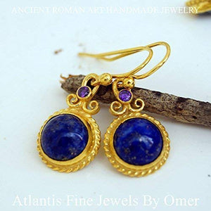 Omer 925 Silver Lapis & Amethyst Hook Gold Earrings Turkish Designer Jewelry