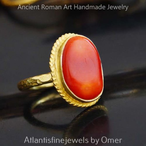 Turkish Coral Ring Handmade Designer Jewelry By Omer 925 Sterling Silver 24 k Yellow Gold Plated