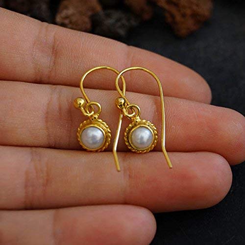 Sterling Silver Handmade Danity Pearl Earrings W/Hook 24k Yellow Gold Vermeil Omer