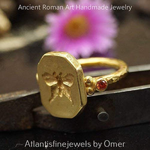 Butterfly Coin Ring w/Orange Topaz Roman Art Handmade Sterling Silver By Omer 24