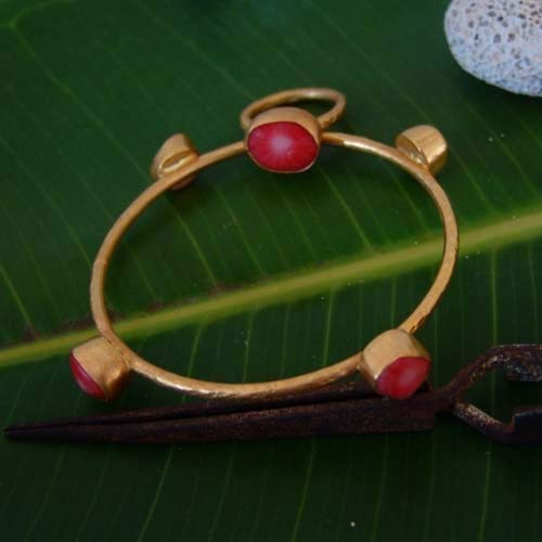 Hammered Bangle Bracelet W/Coral 24k Yellow Gold Over Sterling Silver By Omer