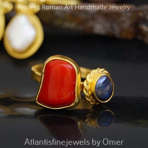 Turkish Coral Pearl Ring Handmade Designer Jewelry By Omer 925 Sterling Silver 24 k Yellow Gold Plated