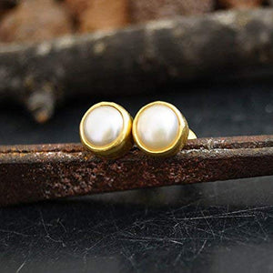 925 Silver Roman Art White Pearl Small Stud Earrings By Omer 24k Gold Plated