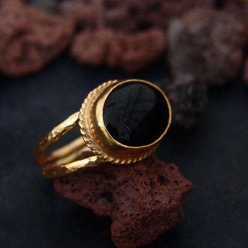 Turkish Hammered Onyx Ring 925 Sterling Silver 24 k Yellow Gold Plated