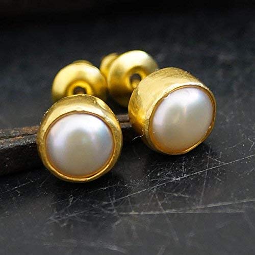  Turkish Pearl Earring Handmade Designer Jewelry By Omer 925 Sterling Silver 24 k Yellow Gold Plated