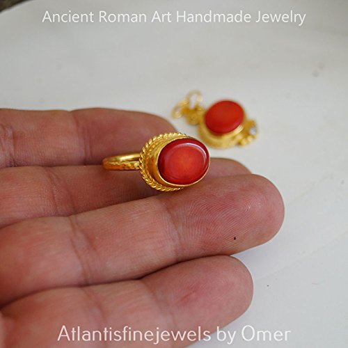 Red Coral Sterling Silver Ring Hand Forged By Omer 24 k Gold Plated Handmade