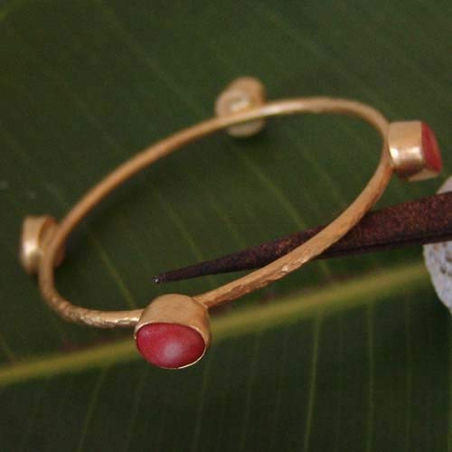 Hammered Bangle Bracelet W/Coral 24k Yellow Gold Over Sterling Silver By Omer