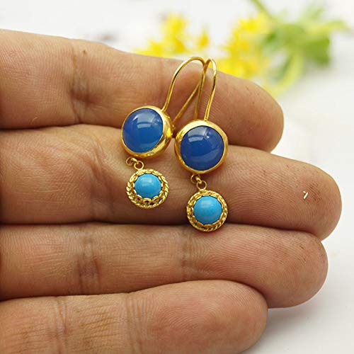 Roman Art Turquoise & Chalcedony Earrings 925 Sterling Silver 24k Gold Vermeil