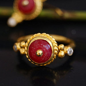 Turkish Red Jade Ring Handmade Designer Jewelry By Omer 925 Sterling Silver 24 k Yellow Gold Plated