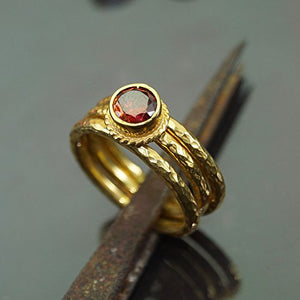 Turkish 3 pcs 925 k Silver Garnet Stack Ring Set Handcrafted 24k Gold Plated
