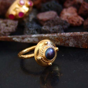 Black Pearl Ring Sterling Silver 24k Yellow Gold Vermeil, Turkish Jewelry Ring,