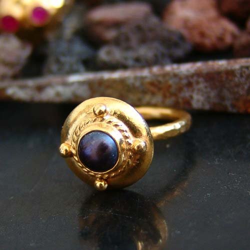 Turkish Black Pearl Ring Handmade Designer Jewelry By Omer 925 Sterling Silver 24 k Yellow Gold Plated
