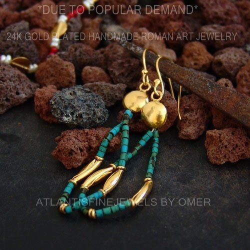 Anatolian Heishi Turquoise Troy Earrings 24k Gold Over 925k Silver By Omer