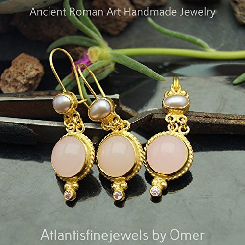 Rose Quartz & Gray Pearl Handmade Turkish Earrings 24k Gold Vermeil Sterling Silver