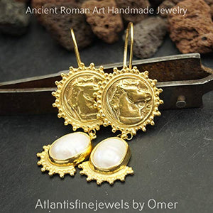 Omer 925 k Silver Roman Art Pearl & Horse Coin Gold Handmade Turkish Earrings