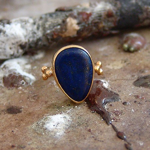 Turkish Hammered Lapis Ring 925 Sterling Silver 24 k Yellow Gold Plated