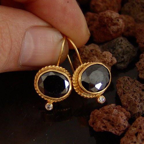 925k Sterling Silver Handmade Designer Onyx Earrings 24k Gold Vermeil Handcrafted Turkish Designer Jewel