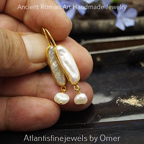 Omer 925 Silver Handmade Long White Pearl Dangle Gold  Earrings Ancient Jewelry
