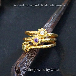 Turkish Handmade Amethyst , Peridot , White Topaz Stack Ring 925 Sterling Silver 24 k Yellow Gold Plated
