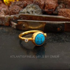 925k Sterling Silver Turquoise W/Topaz Stack Ring 24k Gold Plated, Handmade Anci