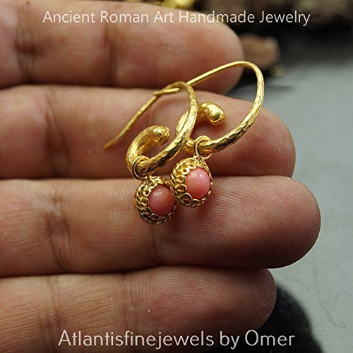 Hammered Hoop Coral Charm Earrings 24 k Gold over 925 k Silver Design By Omer