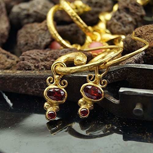 Garnet Charm Hammered Horn Earrings 24 k Gold over 925 k Silver Design By Omer