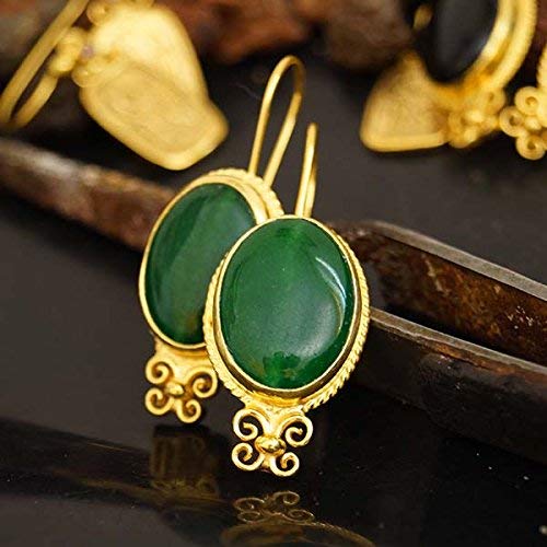 Omer 925 Silver Artisan Jewelry Roman Art Green Jade Earrings 24k Gold Vermeil