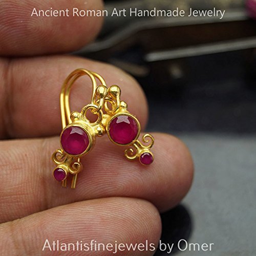 Red Topaz Hook Earrings 925 Sterling Silver 24k Gold Vermeil Handcrafted Turkish Jewelry