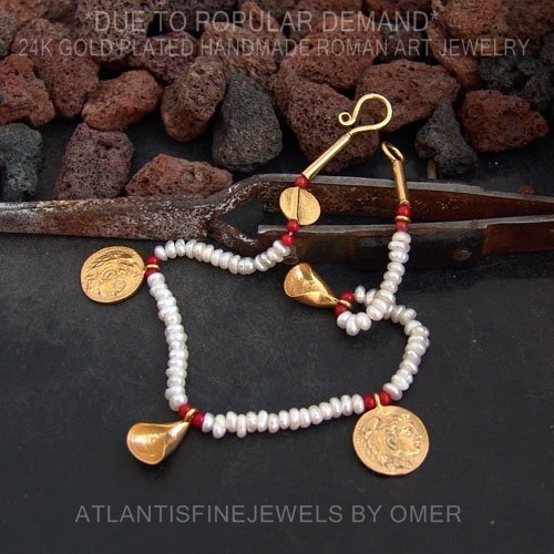 Handmade Pearl & Coral Troy Bead Bracelet 24k Gold Over Sterling Silver By Omer