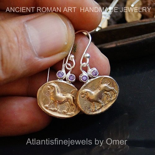 Sterling Silver Handmade Amethyst earrings with Lion Coin Ancient Style By Omer