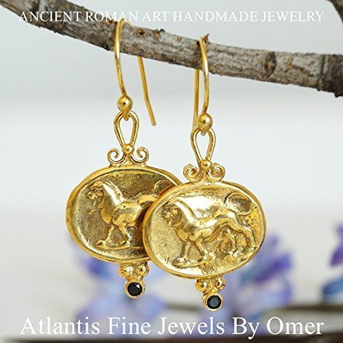 Omer Handmade Lion Coin Onyx Turkish Earrings 925 k Silver 24k Gold Vermeil