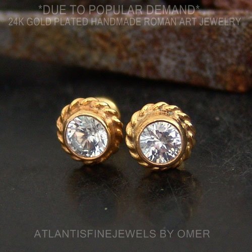 Turkish White Topaz Stud Earrings Handmade Designer Jewelry By Omer 925 Sterling Silver 24 k Yellow Gold Plated