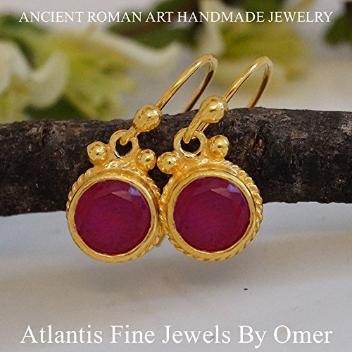 Turkish Ruby Earrings Handmade Designer Jewelry By Omer 925 Sterling Silver 24 k Yellow Gold Plated