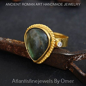 Pear Labradorite Ring 925 k Sterling Silver 24 k Gold Over Handmade By Omer Size