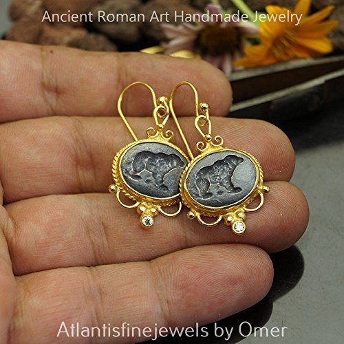 Handcrafted Oxidized Grizzly Bear Coin Earrings 925 k Silver Roman Art Jewelry