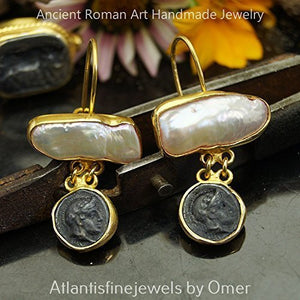 Omer 925 Silver Pearl Earrings W/ Coin Ancient Art 24k Gold Vermeil Handmade