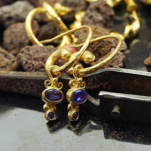 Hammered Horn Earrings Amethyst Charm 24k Gold over 925 Silver Design By Omer