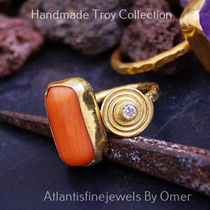 Genuine Coral Ring By Omer Ancient Roman Art 24 k Gold Over Sterling Silver