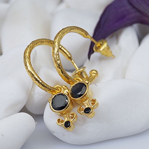 Hammered Hoop Earrings & Black Onyx Charms 24 k Yellow Gold Over Sterling Silver