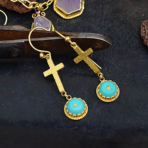 Sterling Silver Hammered Cross Earrings W/Turquoise 24k Yellow Gold Vermeil Handcrafted Roman Art Design Women Earrings Turkish Designer Jewelry